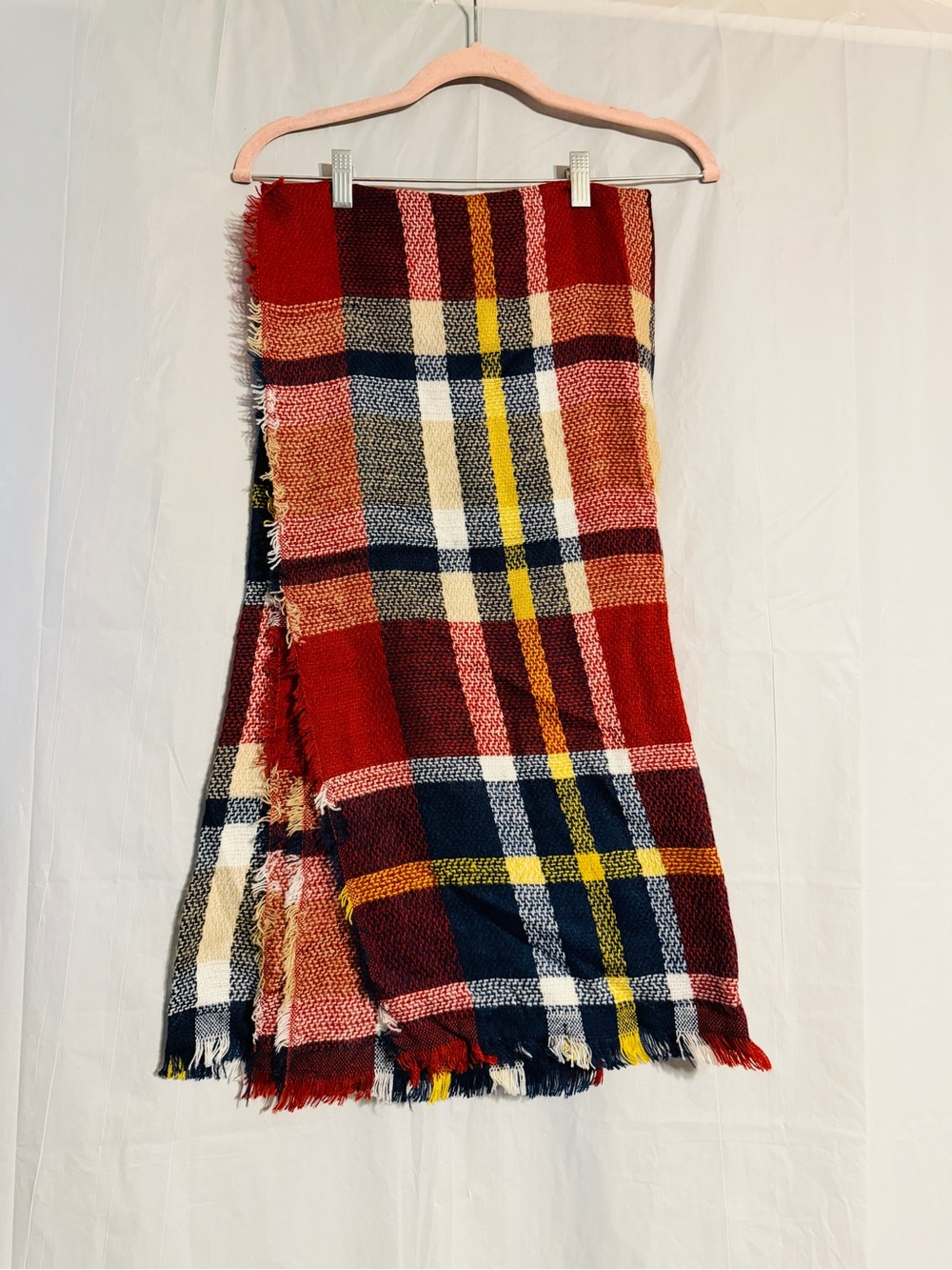 Oversized Plaid Blanket Scarf Red Navy Mustard Tartan Fringe Wrap Shawl